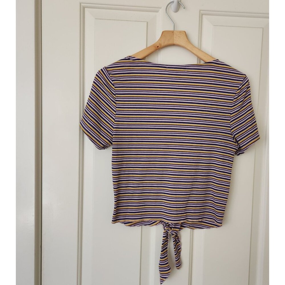 Eye Candy Striped Knot Front Short Sleeve Top Purple Yellow Summer - Picture 3 of 6